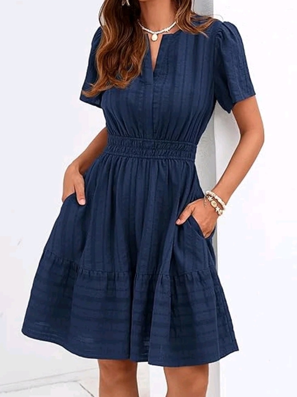 Smocked Waist Navy Midi Dress with Short Sleeves and Pockets